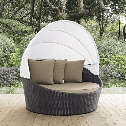 Modway Convene Wicker Rattan Outdoor Patio Retractable Canopy Round Poolside Sofa Daybed in Espresso Mocha