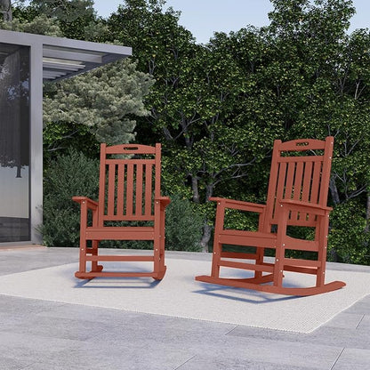 PLUUV Outdoor Rocking Chair, HDPE Patio Rocking Chairs with Footboard, All Weather Porch Rockers Outdoor for Adult, Effortless Installation, Light Red