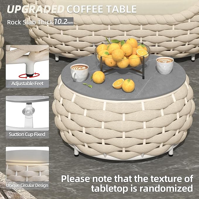 TWT Outdoor Coffee Table Round Centerpiece Table, Lightweight Accent Table with Hand Woven Rope Decor for Garden and Patio(Olefin Rope, Beige)