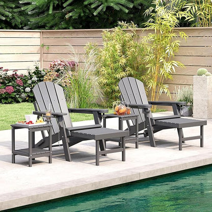 BRIOPAWS Adirondack-Chairs-with-Pull-Out-Footrest | Set of 6 | Folding | HDPE Plastic | Fire Pit Chair | All Weather | Cup Holders | Curved Back | Retractable Ottoman | for Poolside Deck | Grey