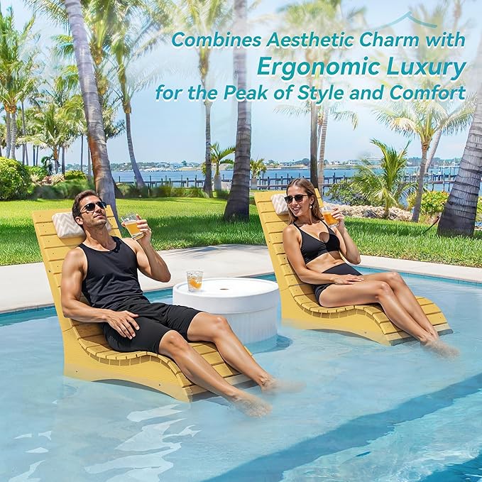 HDPS Pool Lounge Chairs Set of 2, Use in Pools Lounge Chairs up to 10-Inches of Water, Chaise Chairs with Headrest, Lounge Chair Outdoor, Fade-Resistant Pool Lounger for Deck