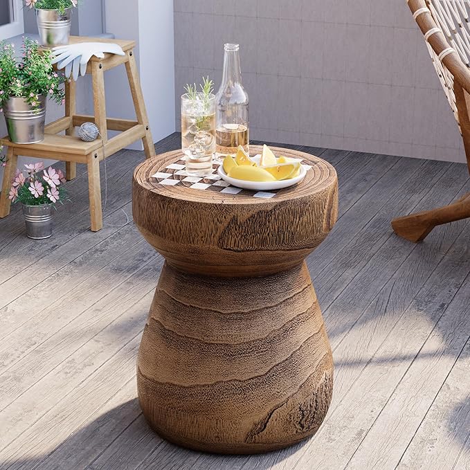HOMPUS Outdoor Side Table with White Checkerboard Grain Tabletop Mushroom Shaped MgO Lightweight End Tables Modern - Photo 1