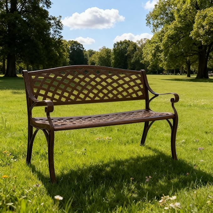 40" Outdoor Bench,Metal Outside Benches for Garden,Patio,Front Porch, Park, Yard, with Armrest and Backrest,Weatherproof,Water Resistant,Aluminum,Support up to 530lbs,Bronze Color