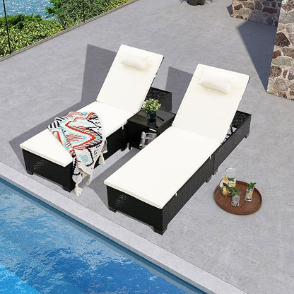 3 PCS Patio Chaise Lounge with Coffee Table Cushion&Pillow Outdoor Lounge Chair Chaise Lounger Patio Reclining Chair 5 Angle Adjustment Black PE Rattan for Courtyards Poolside (Beige)