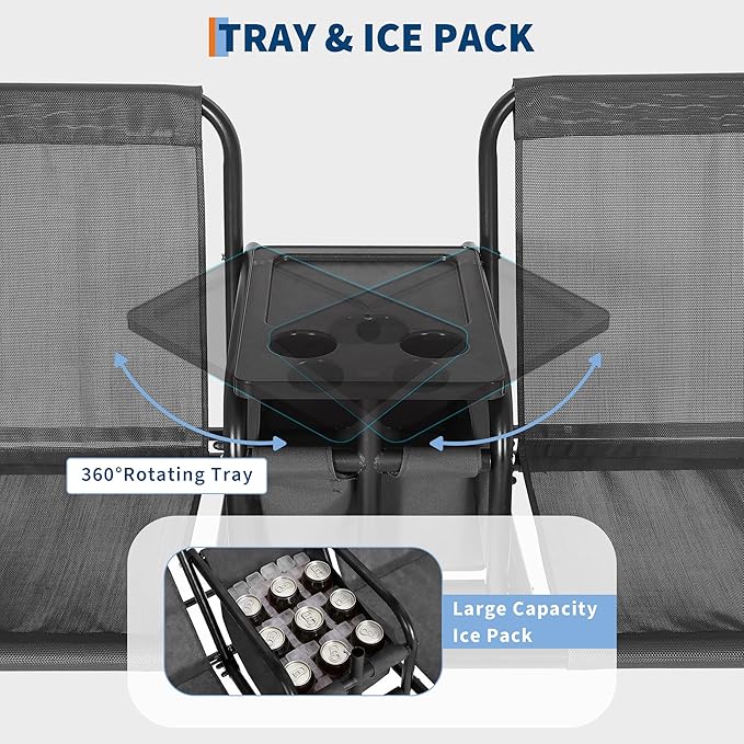 Porch Swing with Cup Holders & Pivot Storage Table & Cooler Bag with Adjustable Canopy for 2 Person Patio Swing for Backyard Balcony Poolside Black