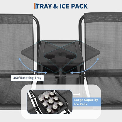 Porch Swing with Cup Holders & Pivot Storage Table & Cooler Bag with Adjustable Canopy for 2 Person Patio Swing for Backyard Balcony Poolside Black