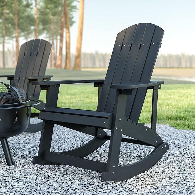 EMMA + OLIVER Marcy All Weather Rocking Chair - Set of 2 - Black Poly Resin - Classic Adirondack Design - UV Resistant Coating - Stainless Steel Hardware