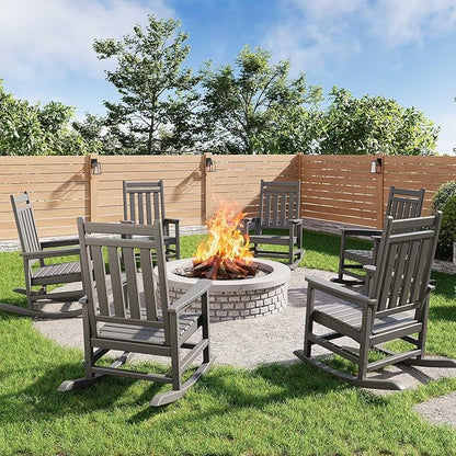 HDPE Outdoor Rocking Chair, All Weather Adirondack Rocker for Adults, High Back Porch Chair for Patio, Garden & Fire Pit, Heavy Duty Plastic Lawn Furniture, Gray