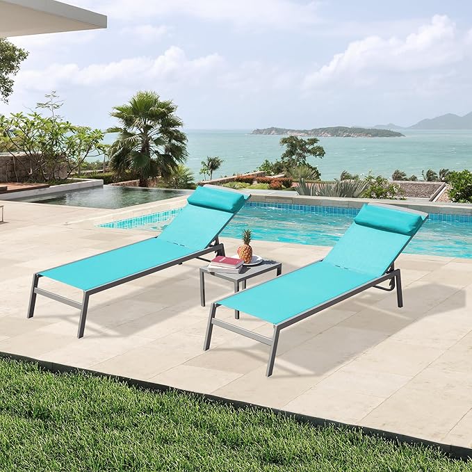 Domi Patio Chaise Lounge Set, Aluminum Pool Lounge Chairs with 5 Adjustable Position, Breathable Textilene Fabric, Sunbathing Pool Chairs with Headrest and Side Table, Turquoise Blue