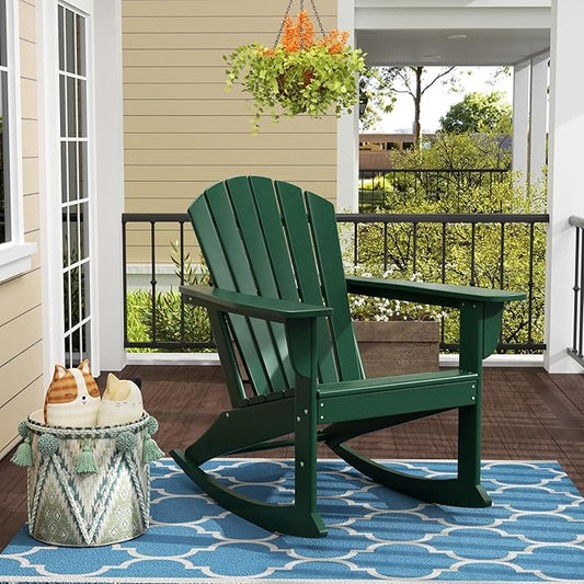 Costaelm Outdoor Adirondack Chair, All Weather Resistant Lawn Chairs Balcony Chair and Fire Pit Chairs, Deck Chairs Outdoor Porch Rocking Chair High Back HDPE Poly Lumber, Dark Green