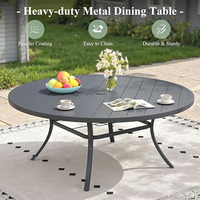 Outdoor Dining Table for 8, 63" Round Outdoor Table with Adjustable Umbrella Hole, All-Weather Metal Patio Dining Table for Lawn Garden Backyard Deck, Dark Grey