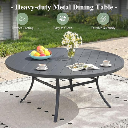 Outdoor Dining Table for 8, 63" Round Outdoor Table with Adjustable Umbrella Hole, All-Weather Metal Patio Dining Table for Lawn Garden Backyard Deck, Dark Grey