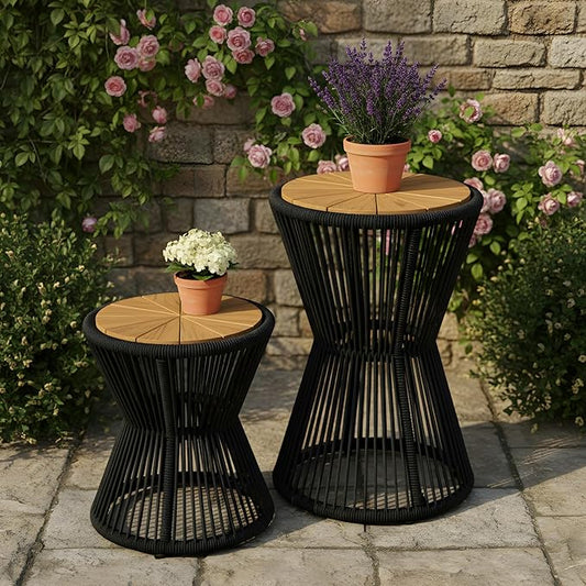 Merax Bohemian Round Outdoor Side Table Set of 2, 2 Pieces Patio Side Tables with Acacia Wood Top and Black Handwoven Rope Base, for Garden, Pool, Balcony, Yard, Elegant Hourglass Design, No Assembly