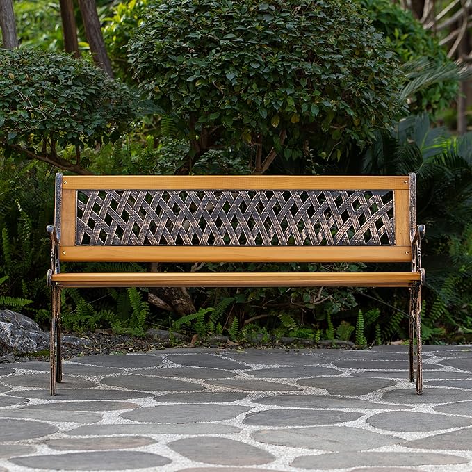 Gardenised QI003462L Outdoor Classical Wooden Slated Park Bench, Steel Frame Seating Bench for Yard, Patio, Garden, Balcony, and Deck