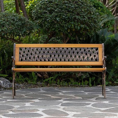 Gardenised QI003462L Outdoor Classical Wooden Slated Park Bench, Steel Frame Seating Bench for Yard, Patio, Garden, Balcony, and Deck