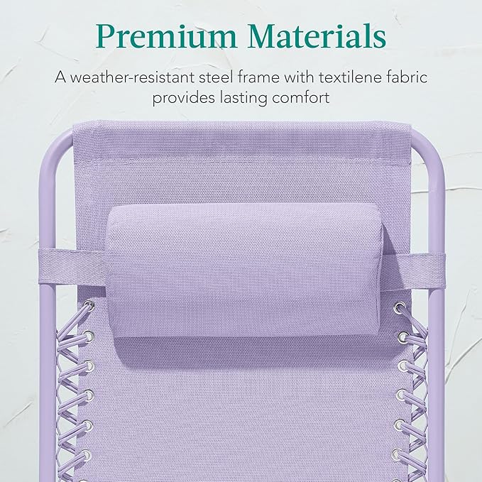 Best Choice Products Adjustable Zero Gravity Chair, Monochromatic Color Folding Patio Recliner w/Side Tray, Headrest - Lavender