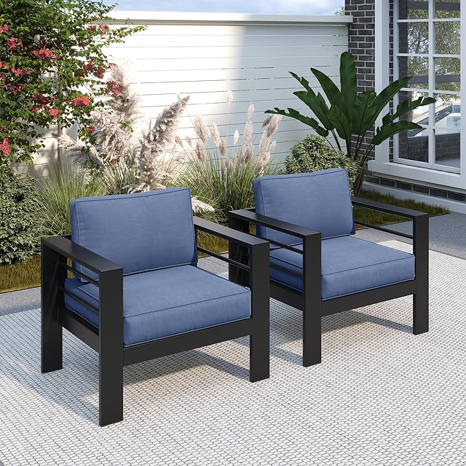 Solaste Patio Furniture Metal Armchair, 2 PCS All-Weather Aluminum Garden Outdoor Contemporary Sofa Chair with Cushions - Photo 1