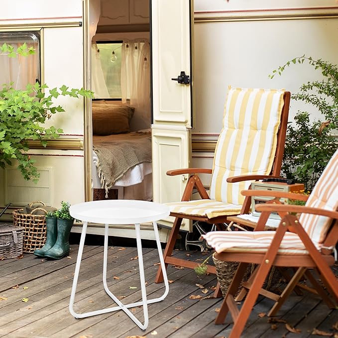 CODIN Set of 2 Outdoor Side Table Outdoor, Metal Side Table Small Round Side Table Weather Resistant End Table Patio Table for Garden Porch Balcony Yard Lawn (2, White)