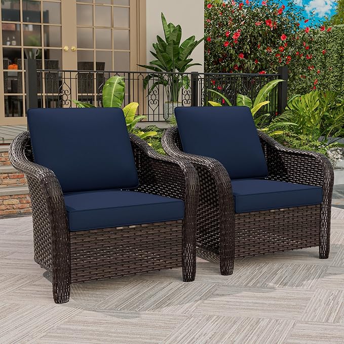 Outdoor Wicker Chair Set of 2, All-Weather Use Patio Rattan Chair with Seat and Back Cushion, Ideal for Porch, Backyard - Photo 2