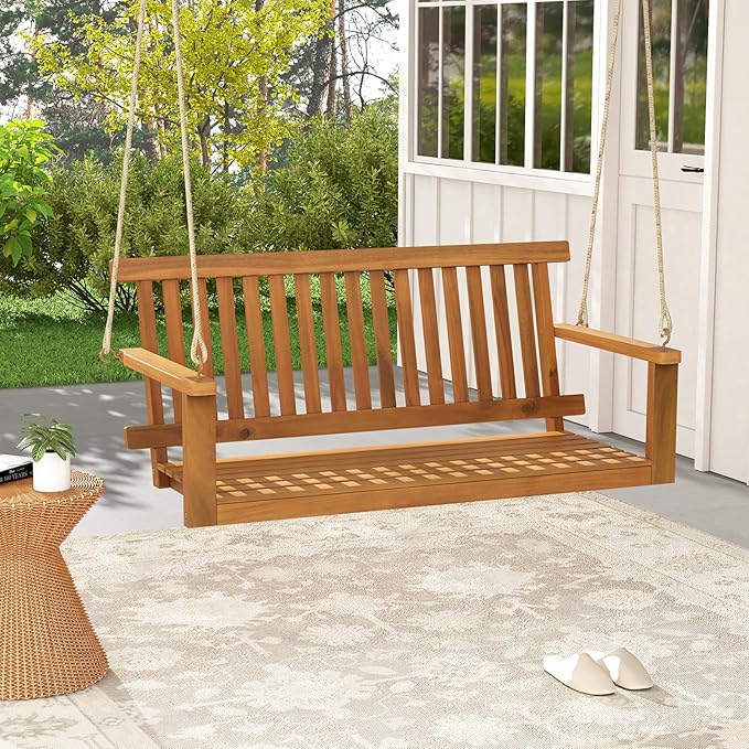 Tangkula 2 Person Hanging Porch Swing, Wooden Patio Swing with 2 Hanging Hemp Ropes, Slatted Seat & Back - Photo 9