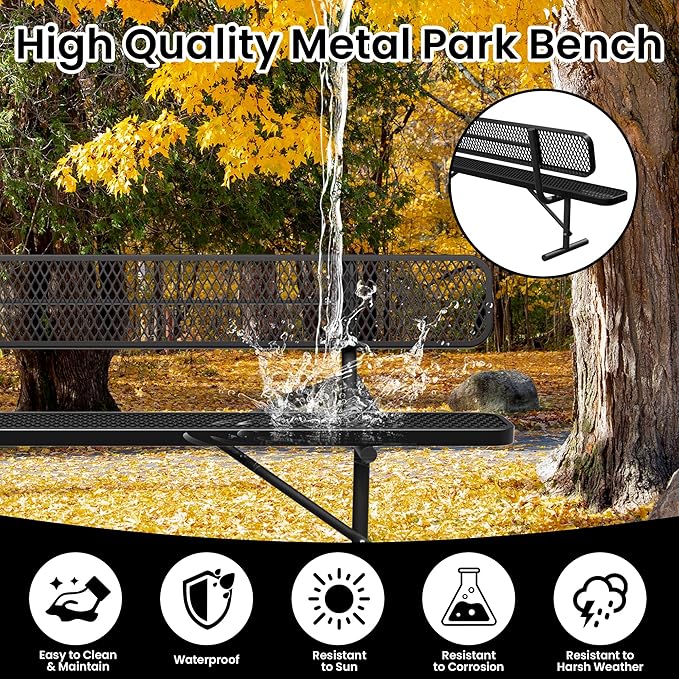8 FT Heavy Duty Metal Park Bench for Outside, Black Bench with Backrest,4-6 Person Seat, Outdoor Commercial Metal Mesh Benches for Shopping Mall, Lawn, Park, Deck, Garden, Patio, Porch