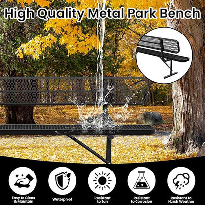 8 FT Heavy Duty Metal Park Bench for Outside, Black Bench with Backrest,4-6 Person Seat, Outdoor Commercial Metal Mesh Benches for Shopping Mall, Lawn, Park, Deck, Garden, Patio, Porch