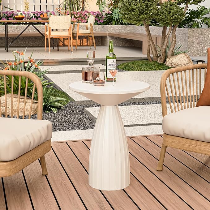 Round Small Patio Side Table, Patio Furniture Accent End Table, Metal Steel Outdoor Side Table, for Garden, Pool, Yard, Balcony, Living Room, Deck, Weather Resistant, No Assembly, Beige White