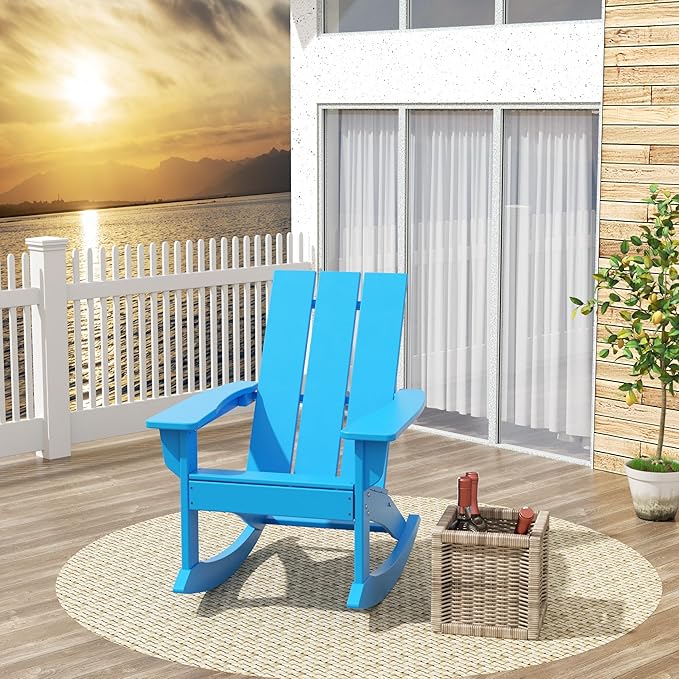 Costaelm Outdoor Adirondack Chair, All Weather Resistant Lawn Chairs Balcony Chair and Fire Pit Chairs, Patio Chair Outdoor Porch Rocking Chair High Back HDPE Poly Lumber, Pacific Blue