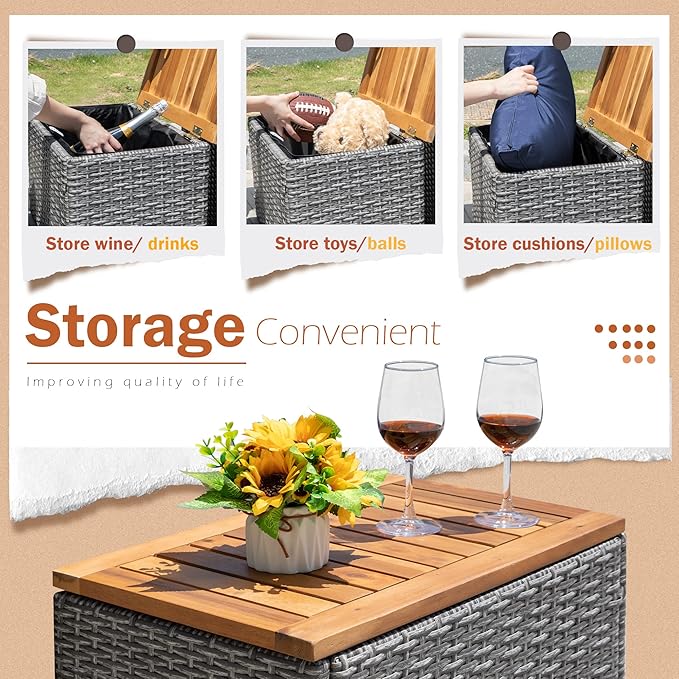 Greesum Patio Furniture Set Multifunctional Outdoor Sectional Sofa Rattan Chaise Lounge Wicker Daybed with Couch, Cushions, Storage Ottoman and 2 Side Tables for Backyard Porch Poolside Lawn,Blue