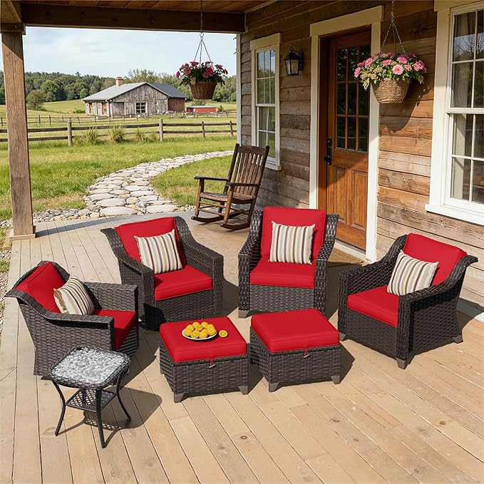 7 Pieces Patio Conversation Furniture Set - 2 Armchairs, 2 Ottomans, 2 Swivel Chairs, 1 Side Table, Outdoor Wicker Furniture with Removable Cushions for Porch, Balcony, Sunroom (Red)