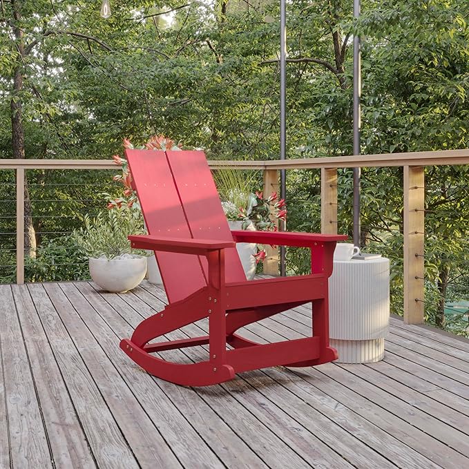 Flash Furniture Finn Modern Commercial Grade Poly Resin Wood Adirondack Rocking Chair - All Weather Red Polystyrene - Dual Slat Back - Stainless Steel Hardware