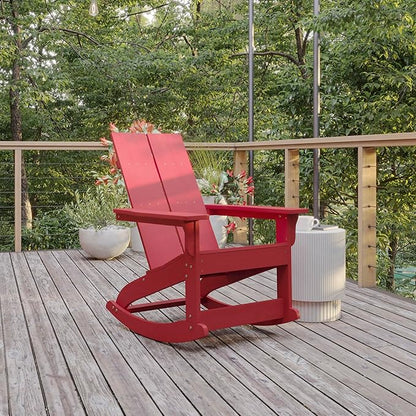 Flash Furniture Finn Modern Commercial Grade Poly Resin Wood Adirondack Rocking Chair - All Weather Red Polystyrene - Dual Slat Back - Stainless Steel Hardware