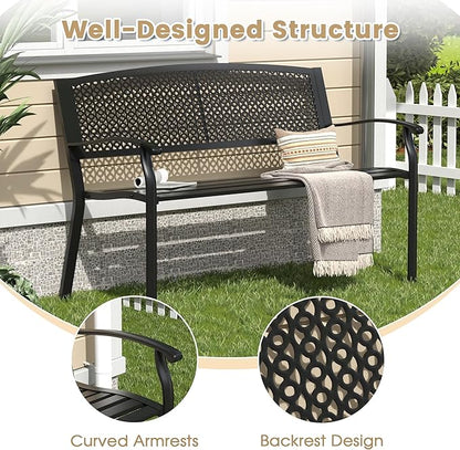 VICLLAX Outdoor Garden Bench, Metal Frame Patio Bench with Oval Design Backrest for Porch Yard Lawn Deck, Black