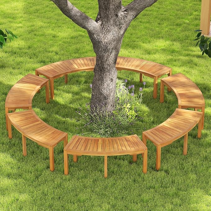 RELAX4LIFE Wooden Outdoor Curved Bench - Acacia Wood Garden Bench w/Slatted Seat, 2-Person Outside Backless Seating for Porch Backyard Deck Park, 800 LBS Load Capacity, Patio Fire Pit Bench (7, 45'')