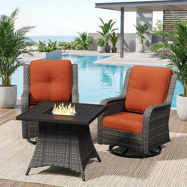 3 Pieces Outdoor Wicker Patio Furniture Set with Fire Pit Table, Swivel Rocker Patio Chairs Set with Thickened Cushions - Photo 1