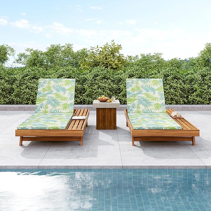 2-Piece Patio Lounge Chair Set with Side Space, Outdoor Chaise Lounge Adjustable & Breathable Acacia Wood Frame, Water-Resistant Cushions(Green Leaf & 2 Inch Thick & Double FOLD)