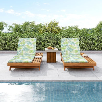 2-Piece Patio Lounge Chair Set with Side Space, Outdoor Chaise Lounge Adjustable & Breathable Acacia Wood Frame, Water-Resistant Cushions(Green Leaf & 2 Inch Thick & Double FOLD)