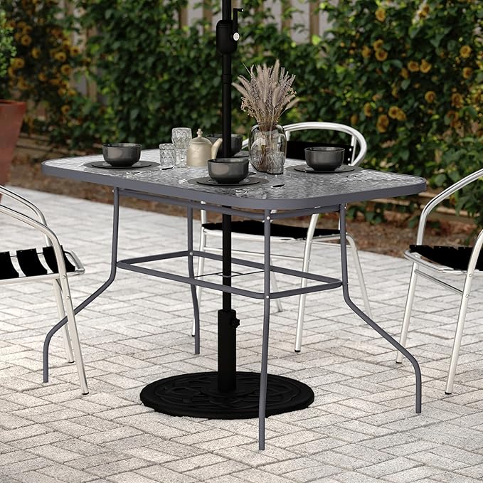 Flash Furniture Tory Rectangle Patio Table with Umbrella Hole, Commercial All-Weather Table with Heat Resistant Tempered Glass, Steel Tube Frame, 27.5x47.25, Silver