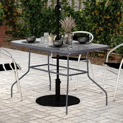 Flash Furniture Tory Rectangle Patio Table with Umbrella Hole, Commercial All-Weather Table with Heat Resistant Tempered Glass, Steel Tube Frame, 27.5x47.25, Silver