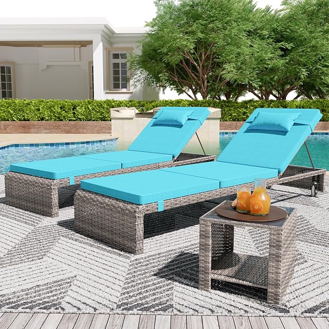 Chaise Lounge Set 3 Pieces, Outdoor Modern Patio Furniture Lounge Chairs Set of 2 with Adjustable Backrest & Side Table, Durable PE Wicker, Weather Resistant Cushions, Blue