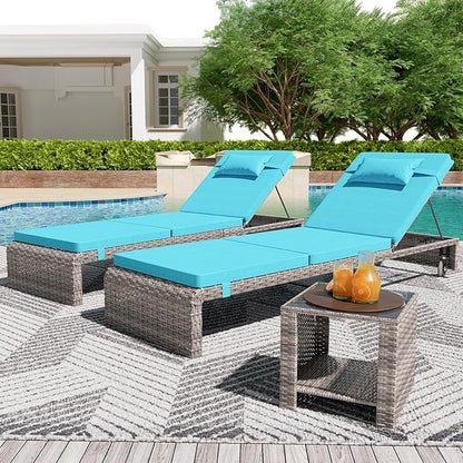 Chaise Lounge Set 3 Pieces, Outdoor Modern Patio Furniture Lounge Chairs Set of 2 with Adjustable Backrest & Side Table, Durable PE Wicker, Weather Resistant Cushions, Blue