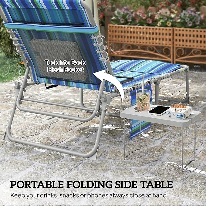 Outsunny Tanning Chair Set of 2 with Face Hole, Side Table, 5-Position Reclining Folding Chaise Lounge Chair Outdoor Lounger Recliner, Carry Straps for Beach Pool Camp, Oxford Fabric, Blue Stripe