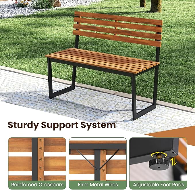 HOMGX Outdoor Bench, 43-Inch Acacia Wood Patio Loveseat with No-Arms Design, Sturdy Black Metal Frame & Teak Finish, Modern 2-Person Garden Bench for Porch, Yard and Lawn