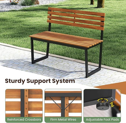 HOMGX Outdoor Bench, 43-Inch Acacia Wood Patio Loveseat with No-Arms Design, Sturdy Black Metal Frame & Teak Finish, Modern 2-Person Garden Bench for Porch, Yard and Lawn