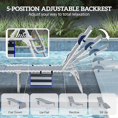 Outsunny Tanning Chair with Face Hole, Side Table, 5-Position Reclining Folding Chaise Lounge Chair Outdoor Lounger Recliner, Carry Straps for Beach Pool Camp, Oxford Fabric, Blue and White