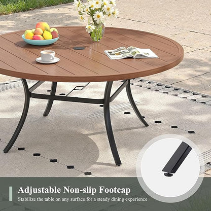 Outdoor Dining Table for 6, 50" Round Outdoor Table with Adjustable Umbrella Hole, All-Weather Metal Patio Dining Table for Lawn Garden Backyard Deck, Walnut