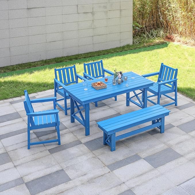 HDPE Outdoor Dining Set of 6, Patio Dining Table Set with 4 Chairs and 1 Bench - Photo 1