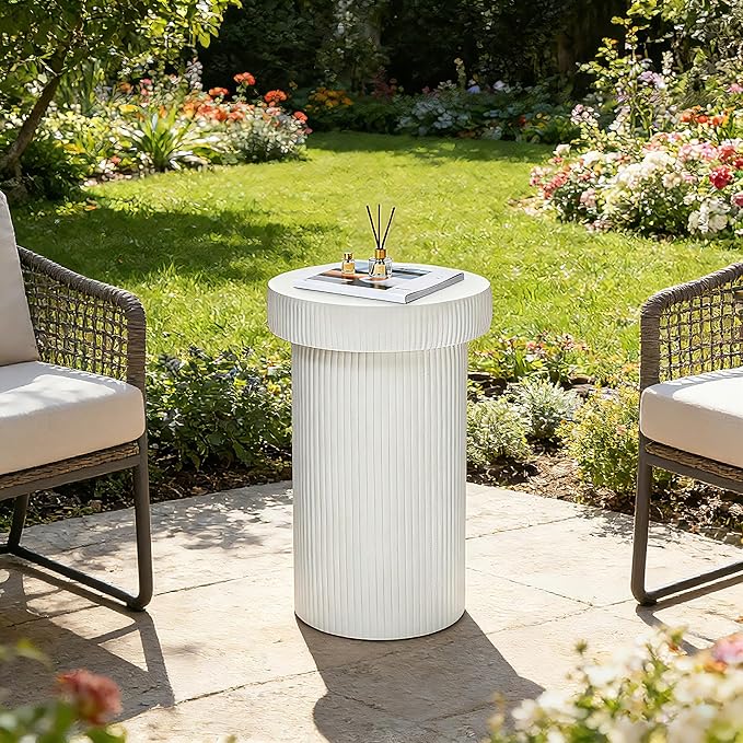 Side Table, 24" Pedestal End Table, 3-in-1 Durable Lightweight Round Coffee Table, Decorative Patio Accent Table Fluted Garden Stool Art Decor for Poolside, Balcony, Living Room,White
