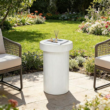 Side Table, 24" Pedestal End Table, 3-in-1 Durable Lightweight Round Coffee Table, Decorative Patio Accent Table Fluted Garden Stool Art Decor for Poolside, Balcony, Living Room,White