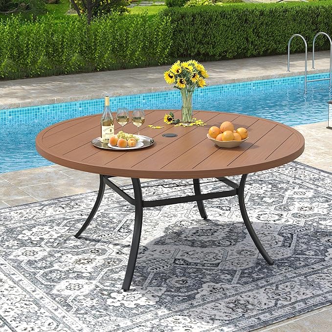 VICLLAX 53" Round Patio Dining Table for 6-8, Metal Outdoor Dining Table with Umbrella Hole for Patio, Garden, Balcony, Walnut